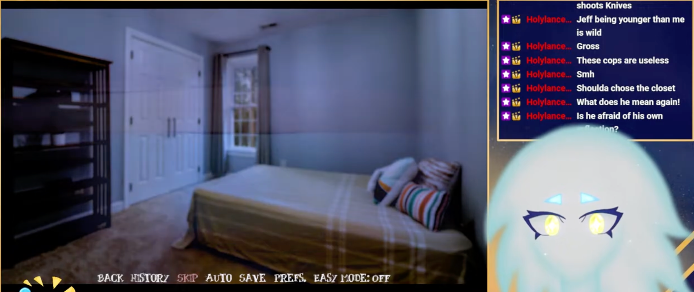 Home Invasion phase of Fear Me: Jeff the Killer's Dating Sim, showing the primary hiding spots (bed and wardrobe) for Hiding Spot Rotation.